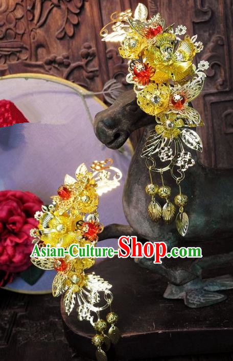 Chinese Handmade Classical Hair Accessories Ancient Wedding Headdress Golden Tassel Hairpins for Women