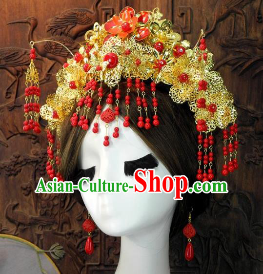 Chinese Handmade Classical Wedding Hair Accessories Ancient Red Beads Phoenix Coronet Headdress for Women