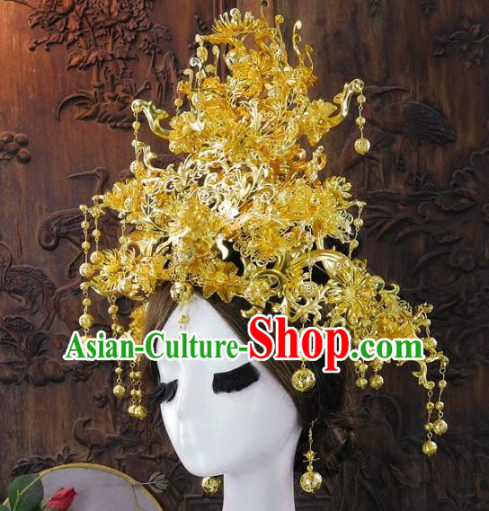Chinese Handmade Classical Empress Golden Phoenix Coronet Ancient Hanfu Wedding Headdress Hair Accessories for Women