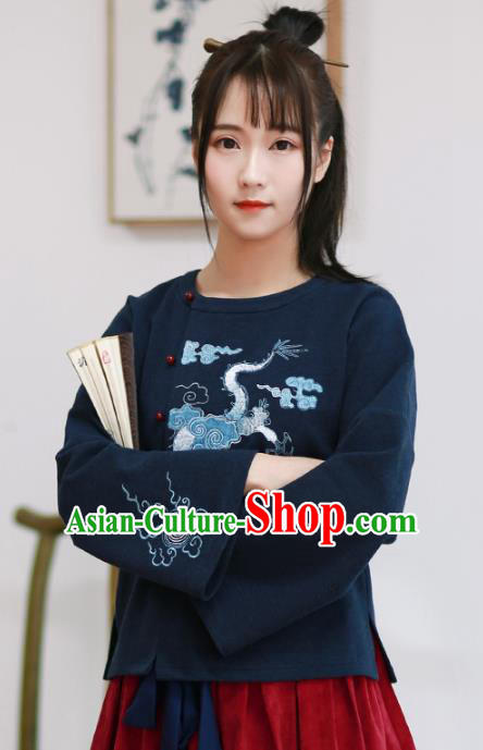 Traditional Chinese National Costume Embroidered Dragons Cheongsam Blouse Hanfu Shirts for Women
