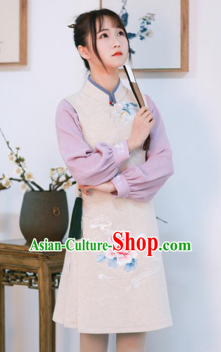 Traditional Ancient Chinese Young Women Cheongsam Dress Tangsuit Stand Collar Blouse Dress Tang Suit Clothing