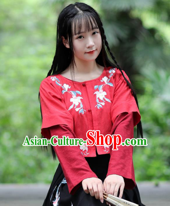 Traditional Chinese National Costume Embroidered Red Shirts Hanfu Cheongsam Blouse for Women