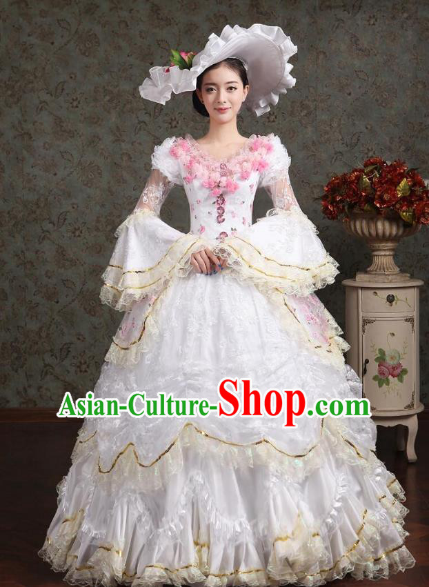 Traditional European Court Princess Renaissance Costume Dance Ball Dowager White Full Dress for Women
