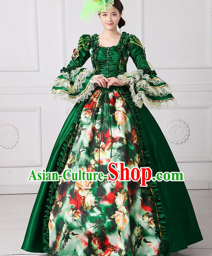 Traditional European Court Princess Renaissance Costume Stage Performance Middle Ages Dowager Green Full Dress for Women