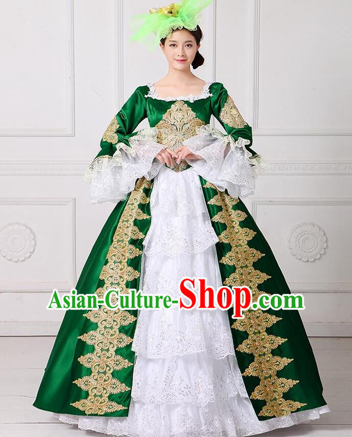 Traditional European Court Princess Renaissance Costume Stage Performance Dance Ball Dowager Green Full Dress for Women