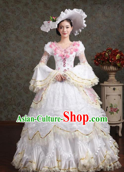Traditional European Court Noblewoman Renaissance Costume Dance Ball Princess White Bubble Dress for Women