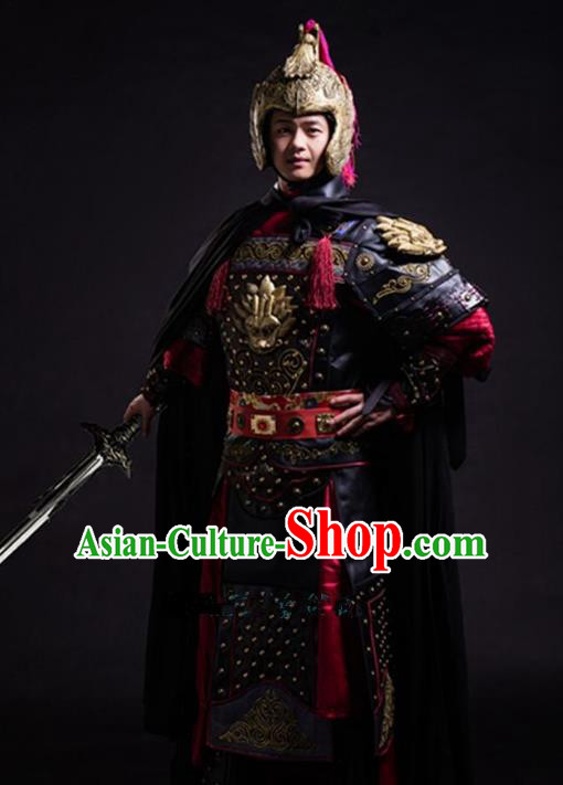 Traditional Chinese Stage Performance Costume Ancient Han Dynasty General Helmet and Armour for Men
