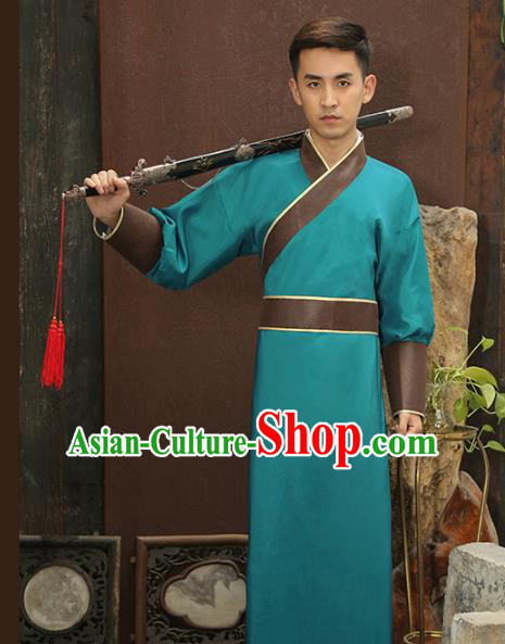 Traditional Chinese Stage Performance Costume Ancient Han Dynasty Swordsman Green Robe for Men