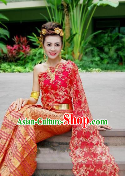 Traditional Asian Thailand Stage Performance Costume National Red Dress for Women
