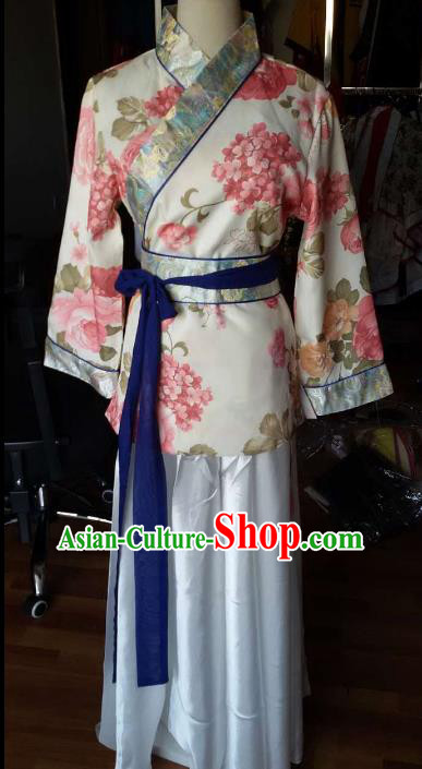 Traditional China Ancient Han Dynasty Royal Princess Costume Printing Hanfu Curving-front Robe for Women