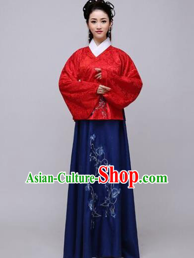 Traditional China Ancient Ming Dynasty Princess Costume Hanfu Red Blouse and Navy Skirt for Women