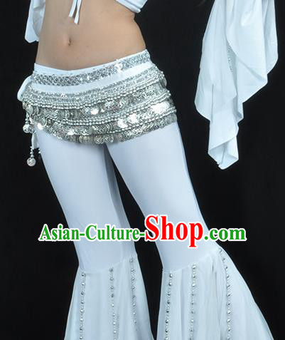 Asian Indian Belly Dance Argent Paillette Waistband Accessories India National Dance White Belts for Women