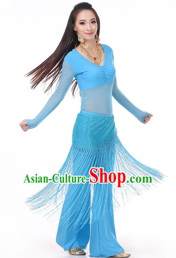 Asian Indian Belly Dance Blue Costume Stage Performance India Raks Sharki Dress for Women