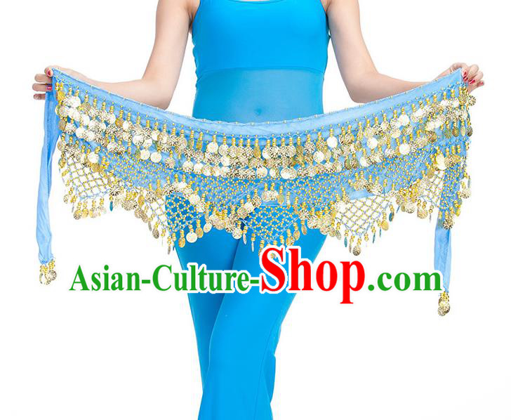 Asian Indian Belly Dance Golden Paillette Blue Waistband Accessories India Raks Sharki Belts for Women
