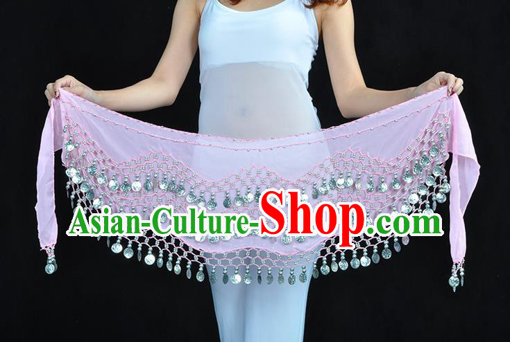 Asian Indian Belly Dance Argent Paillette Pink Silk Waistband Accessories India Raks Sharki Belts for Women