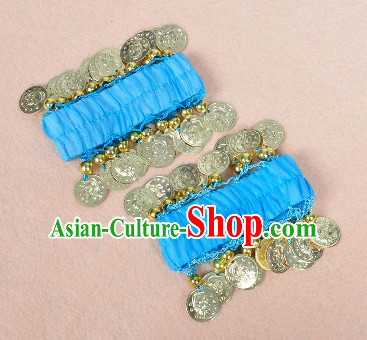 Oriental Indian Belly Dance Accessories Blue Bracelets India Stage Performance Golden Coin Bangle for Women