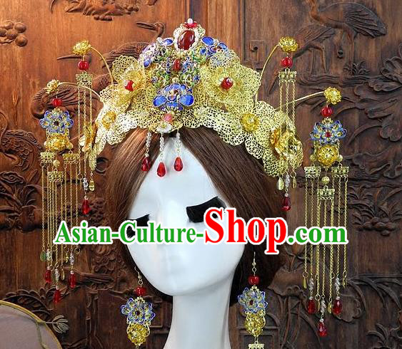 Chinese Handmade Classical Hair Accessories Ancient Wedding Cloisonne Phoenix Coronet Hanfu Headwear for Women