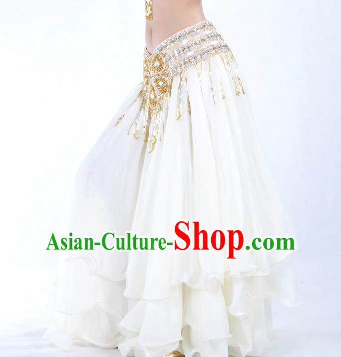 Asian Indian Belly Dance Costume Stage Performance White Expansion Skirt, India Raks Sharki Dress for Women