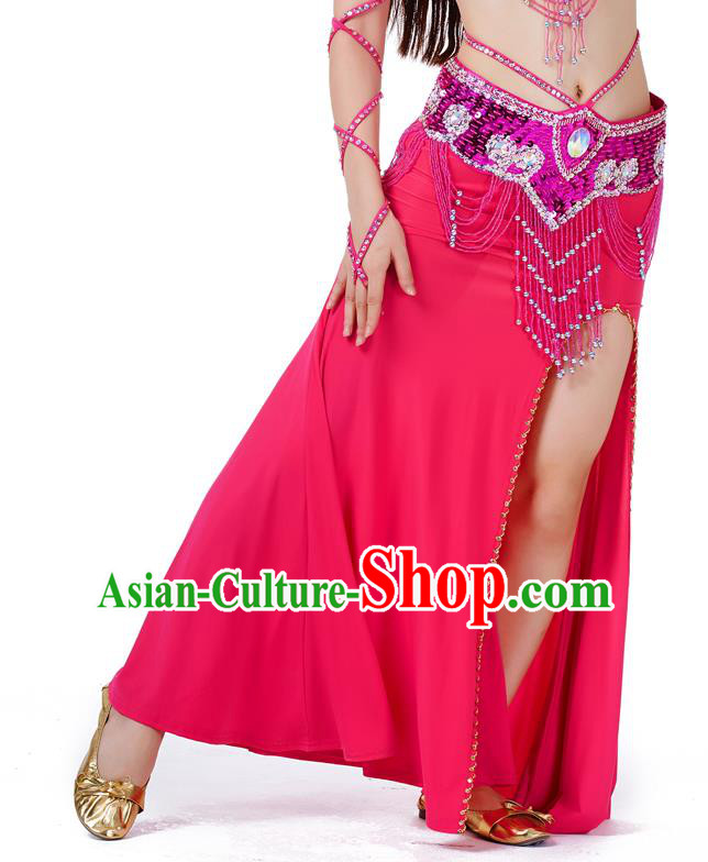 Top Indian Belly Dance Costume Rosy Split Skirt, India Raks Sharki Clothing for Women