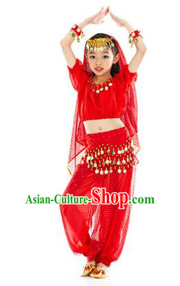 Top Indian Belly Dance Costume Oriental Dance Red Dress, India Raks Sharki Clothing for Kids