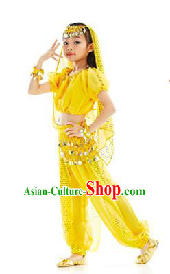 Top Indian Belly Dance Costume Oriental Dance Yellow Dress, India Raks Sharki Clothing for Kids
