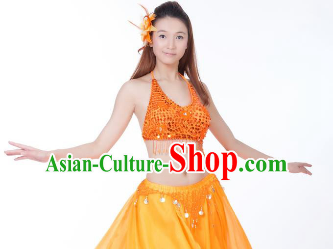 Top Indian Bollywood Belly Dance Costume Oriental Dance Orange Paillette Brassiere for Women