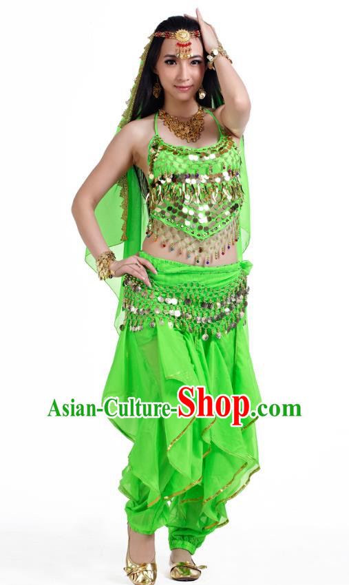 Indian Oriental Belly Dance Light Green Costume, India Raks Sharki Bollywood Dance Clothing for Women