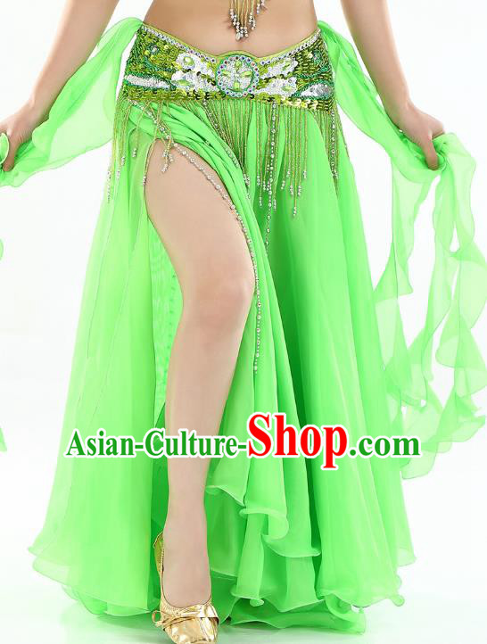 Top Indian Belly Dance Costume High Split Light Green Skirt Oriental Dance Stage Performance Clothing for Women