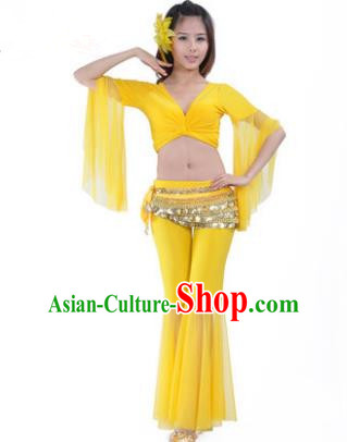 Asian Indian Belly Dance Training Yellow Uniform India Bollywood Oriental Dance Clothing for Women