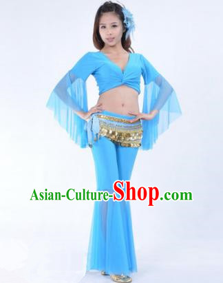 Asian Indian Belly Dance Training Blue Uniform India Bollywood Oriental Dance Clothing for Women