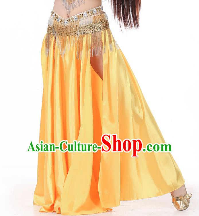Indian Belly Dance Costume Bollywood Oriental Dance Yellow Satin Skirt for Women