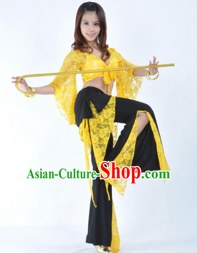 Indian Traditional Belly Dance Yellow Lace Clothing Asian India Oriental Dance Costume for Women