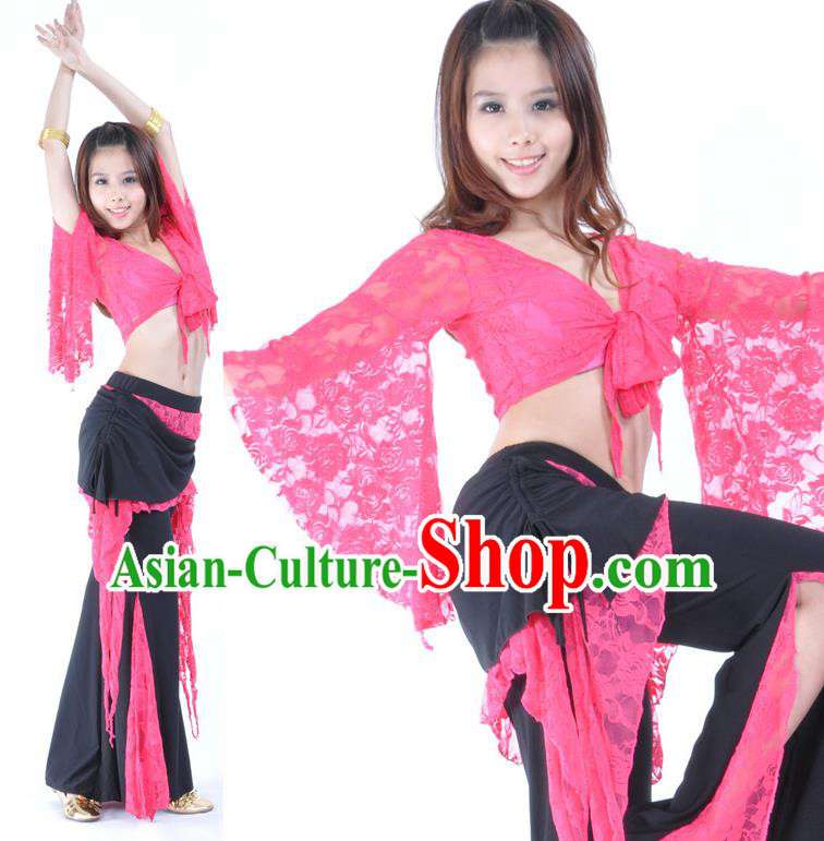 Indian Traditional Belly Dance Rosy Lace Clothing Asian India Oriental Dance Costume for Women