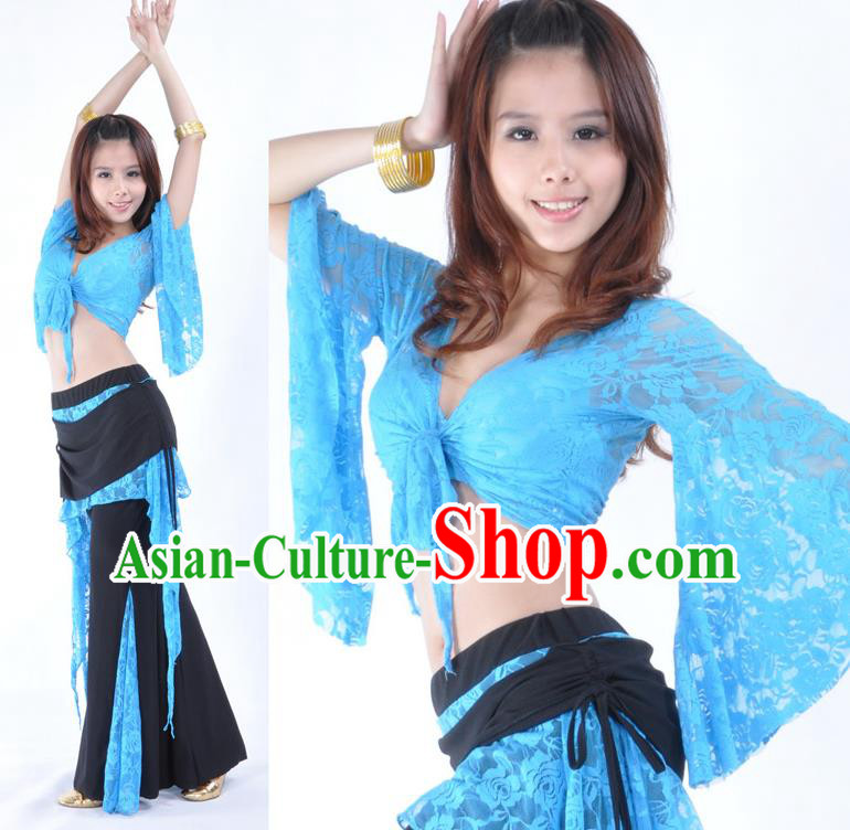 Indian Traditional Belly Dance Blue Lace Clothing Asian India Oriental Dance Costume for Women