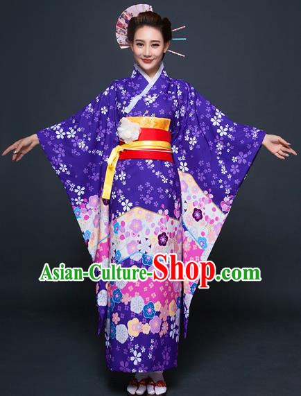 Asian Japanese Traditional Costumes Japan Printing Purple Furisode Kimono Yukata Dress Clothing for Women