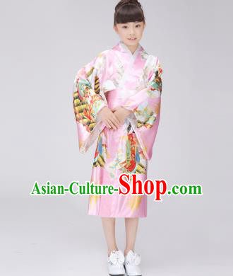 Asian Japanese Traditional Costumes Japan Printing Satin Furisode Kimono Yukata Pink Dress Clothing for Kids