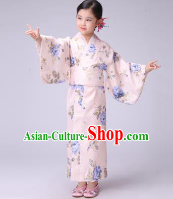 Asian Japanese Traditional Costumes Japan Satin Furisode Kimono Yukata Printing Blue Peony Dress Clothing for Kids
