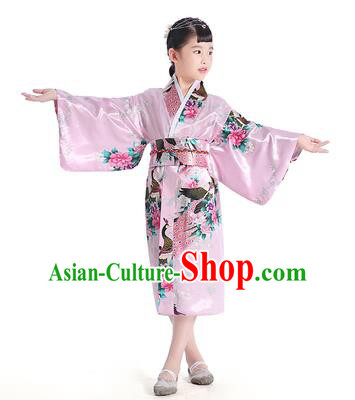 Asian Japanese Traditional Costumes Japan Satin Furisode Kimono Yukata Printing Peony Pink Dress Clothing for Kids