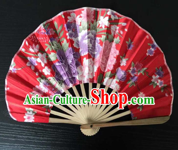 Asian Traditional Folding Fans Kimono Printing Red Satin Fans Dance Fan for Women