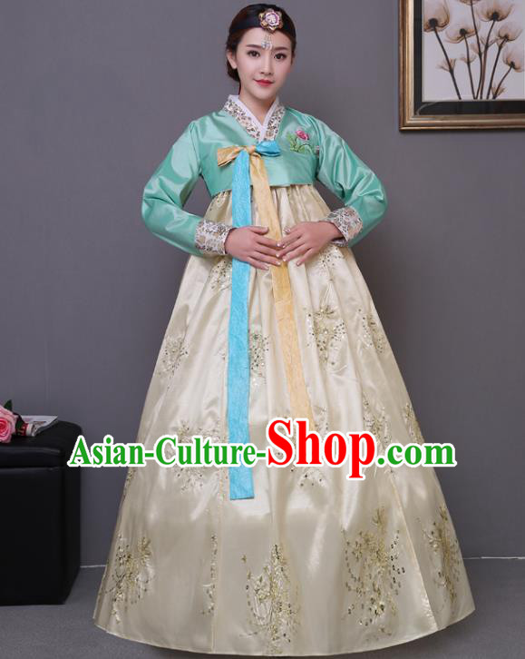 Asian Korean Dance Costumes Traditional Korean Hanbok Clothing Green Blouse and Yellow Paillette Dress for Women