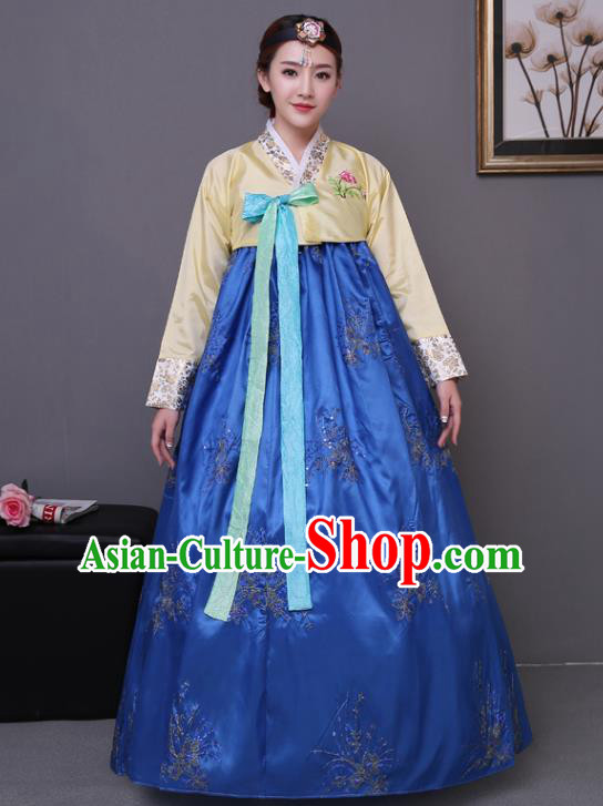 Asian Korean Dance Costumes Traditional Korean Hanbok Clothing Yellow Blouse and Blue Paillette Dress for Women