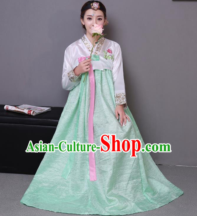 Asian Korean Dance Costumes Traditional Korean Hanbok Clothing Wedding White Blouse and Green Dress for Women