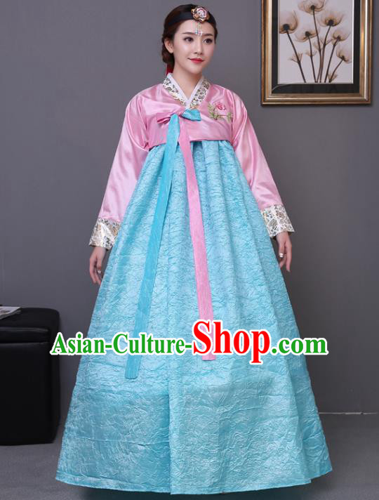 Asian Korean Dance Costumes Traditional Korean Hanbok Clothing Wedding Pink Blouse and Blue Dress for Women