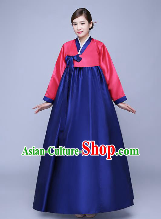 Asian Korean Dance Costumes Traditional Korean Hanbok Clothing Wedding Red Blouse and Navy Dress for Women