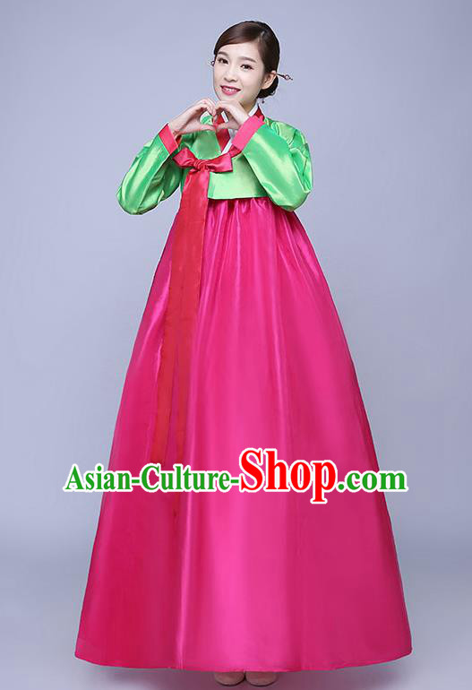 Asian Korean Dance Costumes Traditional Korean Hanbok Clothing Wedding Green Blouse and Rosy Dress for Women