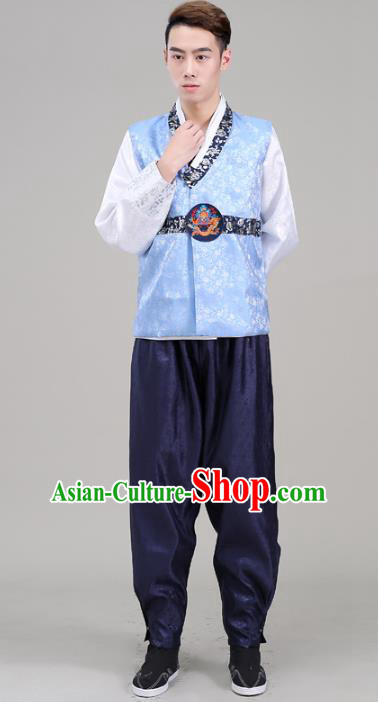 Asian Korean Court Dance Blue Costumes Traditional Korean Hanbok Wedding Bridegroom Clothing for Men