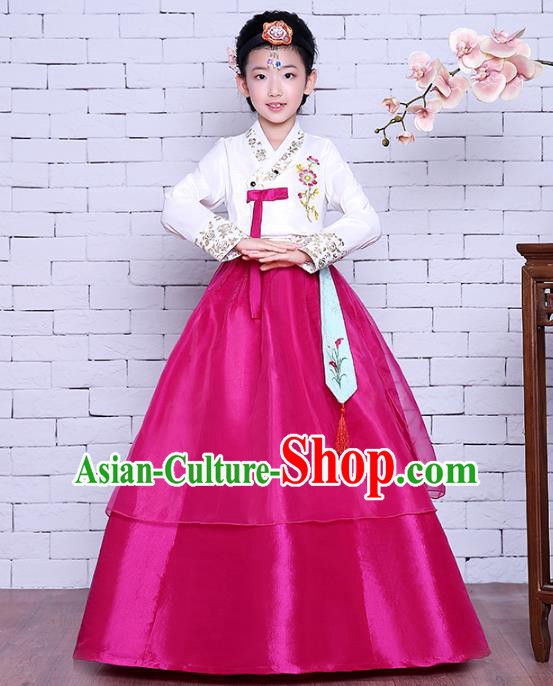 Asian Korean Dance Costumes Traditional Korean Children Hanbok Clothing White Blouse and Rosy Dress for Kids