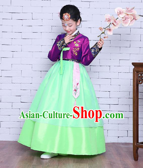 Asian Korean Dance Costumes Traditional Korean Children Hanbok Clothing Purple Blouse and Green Dress for Kids