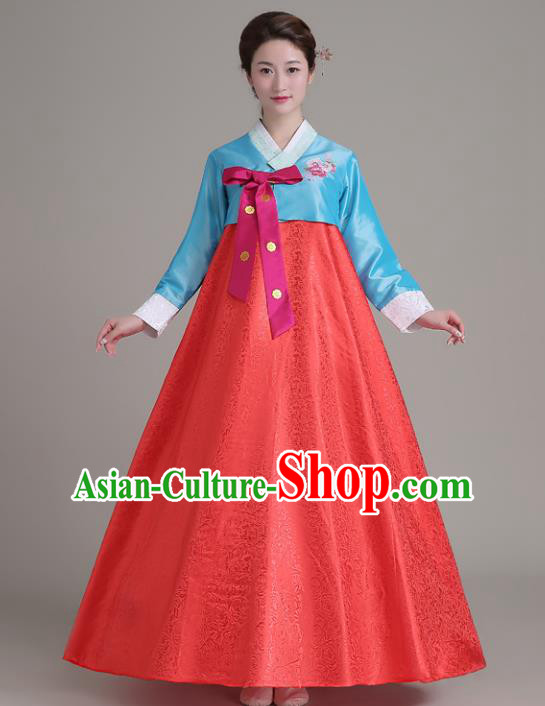Asian Korean Court Costumes Traditional Korean Hanbok Clothing Blue Blouse and Red Dress for Women