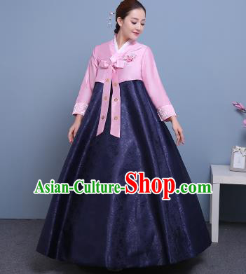 Asian Korean Court Costumes Traditional Korean Hanbok Clothing Pink Blouse and Navy Dress for Women